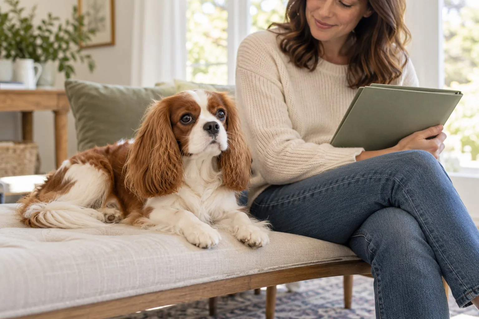 Owner reviewing information beside a Cavalier-type dog at home